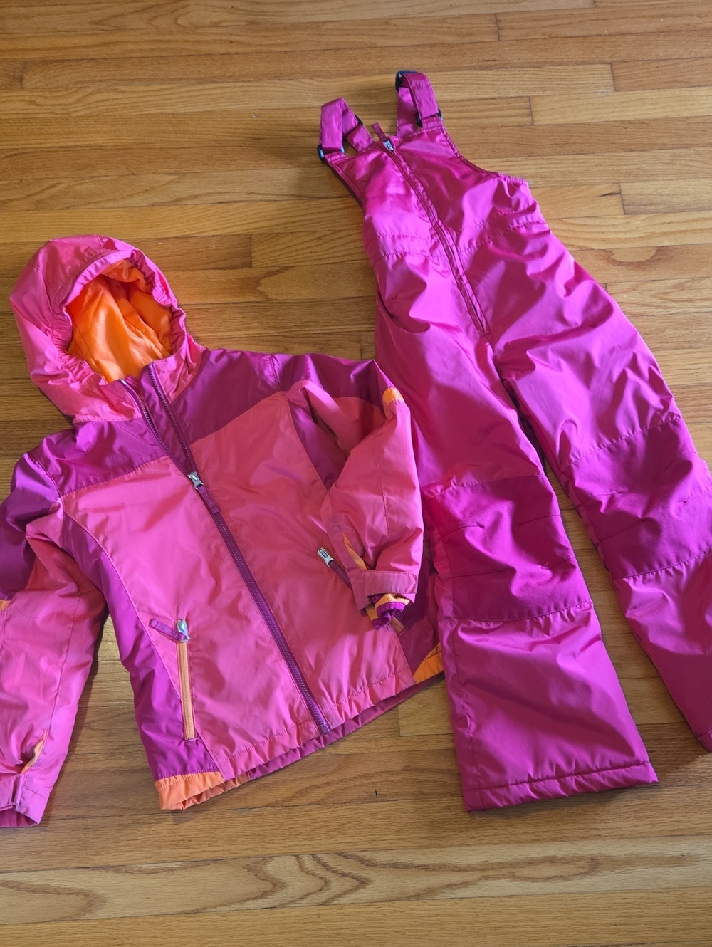 Lands' End Pink and Orange Girls' Snow Jacket with Bib Overalls